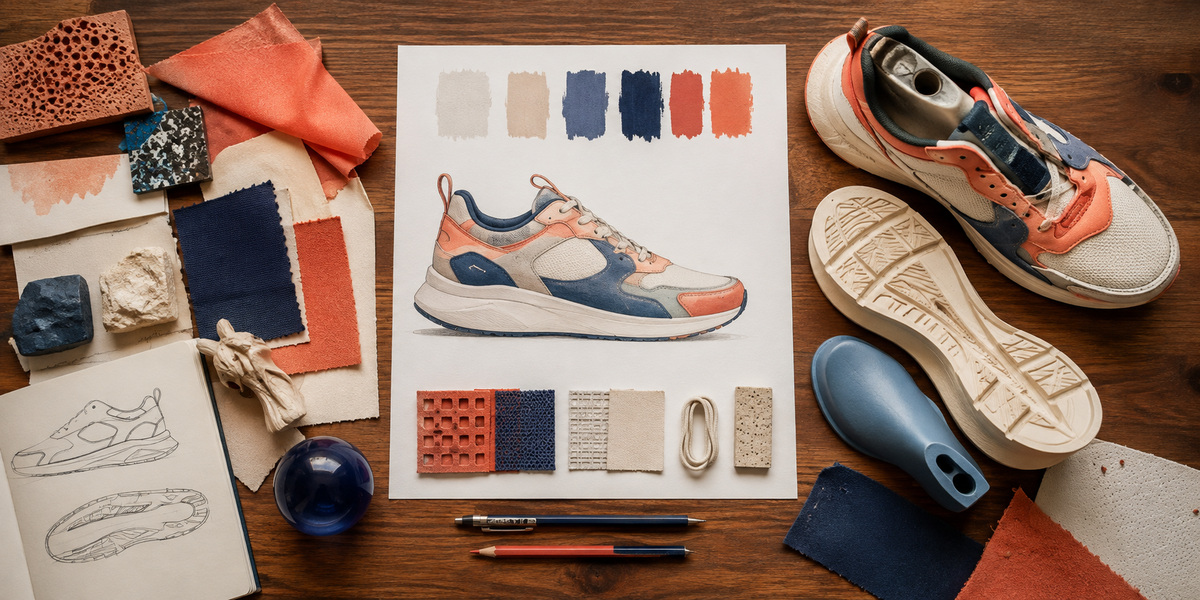 Summer sneaker design & analysis workbench: hand-drawn shoe sketch with color palette, material swatches, physical sneaker and outsole
